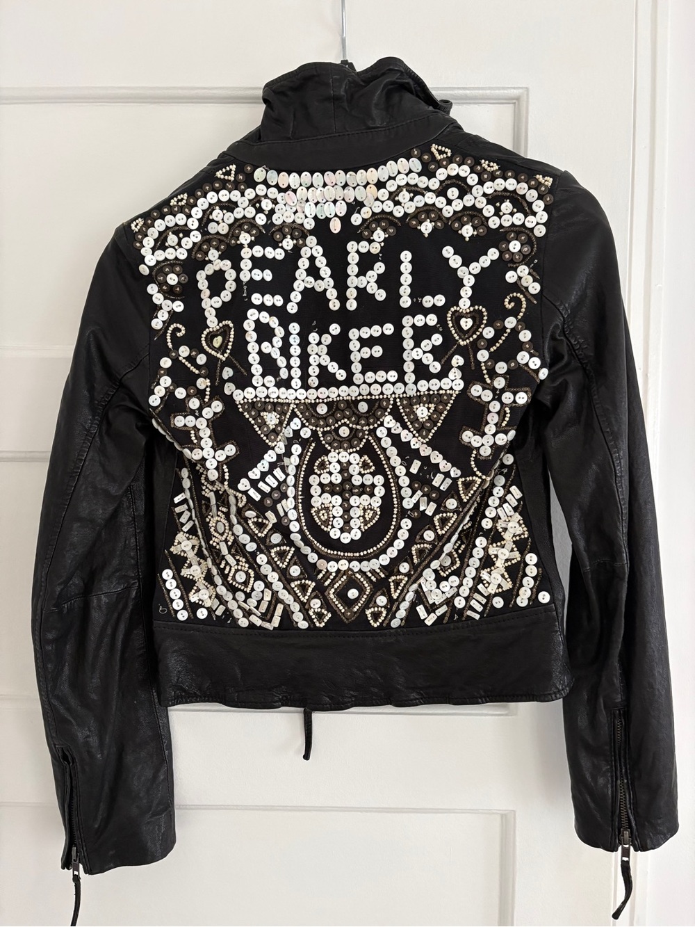 *RARE* All Saints ‘Pearly Biker’ Embellished Black Women's Leather Jacket Sz 2